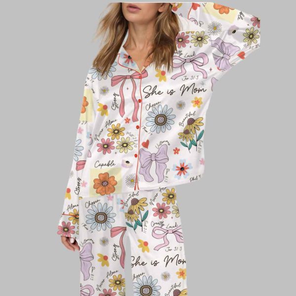 She Is Mom Coquette Mother's Day Gift Satin Pajama Set 1