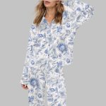 Light Blue And White Floral Silky Satin Pajama Set