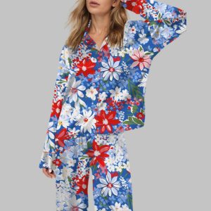 4th Of July Floral Silky Satin Pajama Set