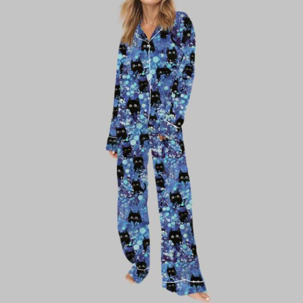 Black Cats Silky Satin Pajama Set 3