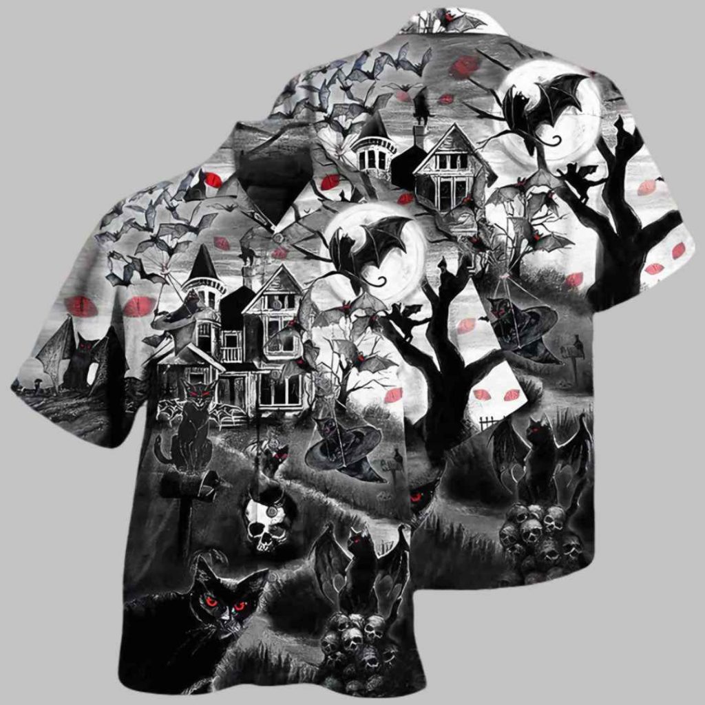 Gothic Black Cat Skull Bat Hawaiian Shirt 3