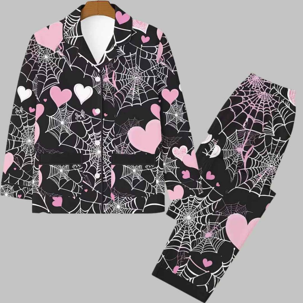 Halloween Pink White Spider Web And Heart Pajama Set 3