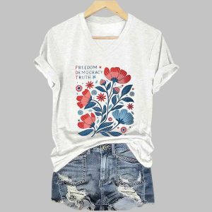 Womens Retro Floral FDT Freedom Democracy Truth Print T Shirt 2