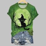 Women's Halloween Witch Cat Print Casual Tee