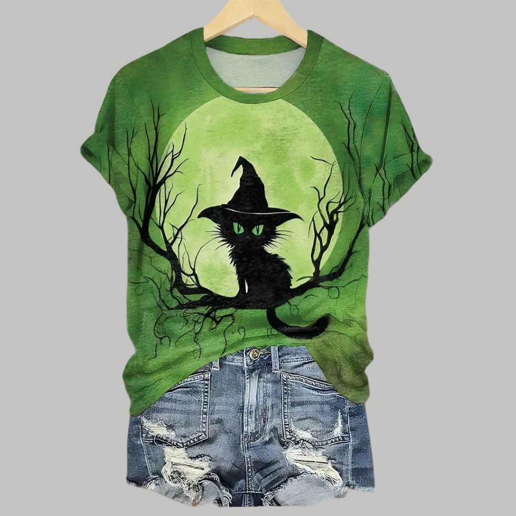 Womens Halloween Witch Cat Print Casual Tee 3 Womens Halloween Witch Cat Print Casual Tee 3