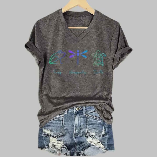 Womens Retro FDT Frog Dragonfly Turtle Print T Shirt 2