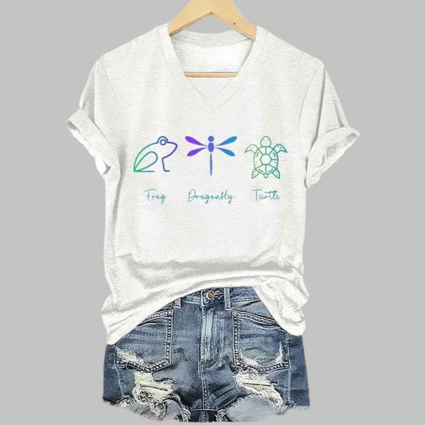 Womens Retro FDT Frog Dragonfly Turtle Print T Shirt 3