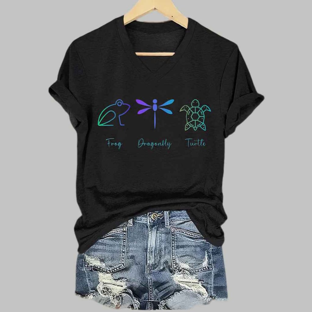 Womens Retro FDT Frog Dragonfly Turtle Print T Shirt 4 Womens Retro FDT Frog Dragonfly Turtle Print T Shirt 4