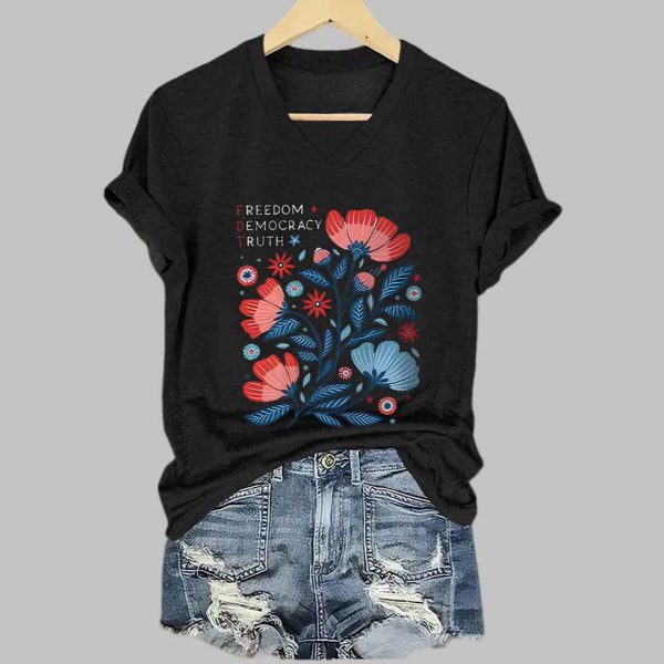 Womens Retro Floral FDT Freedom Democracy Truth Print T Shirt 3