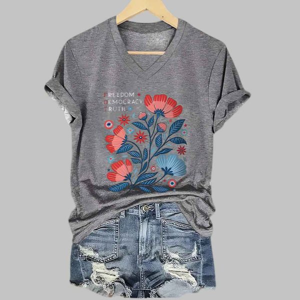 Womens Retro Floral FDT Freedom Democracy Truth Print T Shirt 4