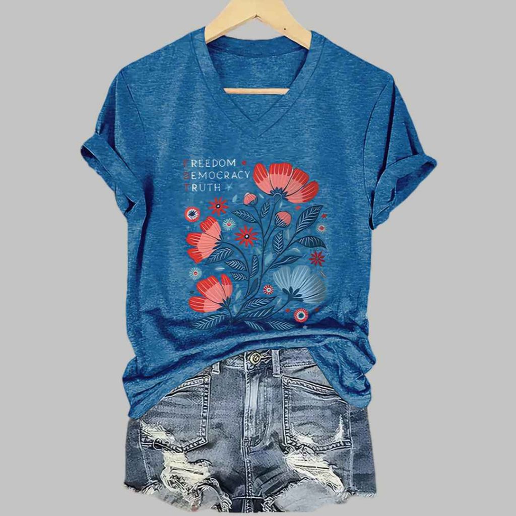 Womens Retro Floral FDT Freedom Democracy Truth Print T Shirt 5 Womens Retro Floral FDT Freedom Democracy Truth Print T Shirt 5