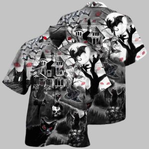 Gothic Black Cat Skull Bat Hawaiian Shirt 2