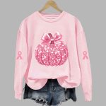Breast Cancer Sequin Pumpkin Print Crew Neck Shirt