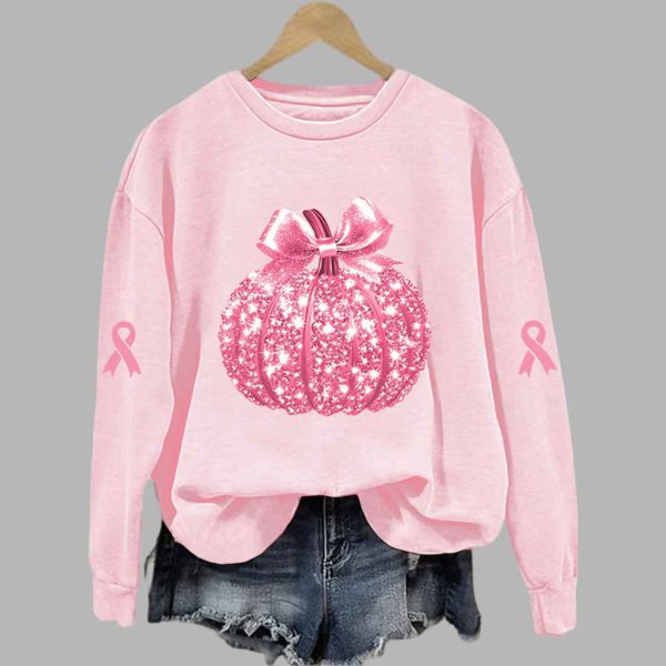 Breast Cancer Sequin Pumpkin Print Crew Neck Shirt 1