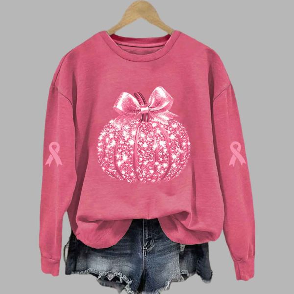 Breast Cancer Sequin Pumpkin Print Crew Neck Shirt 3
