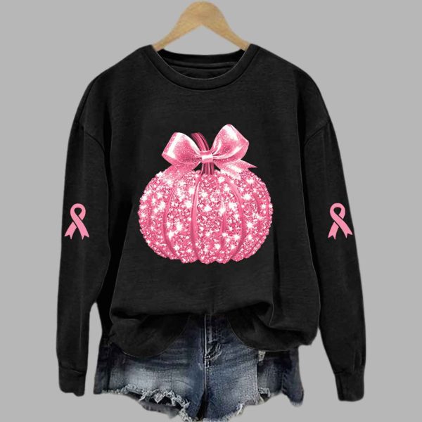 Breast Cancer Sequin Pumpkin Print Crew Neck Shirt 4