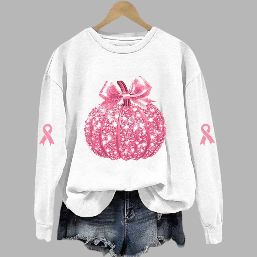Breast Cancer Sequin Pumpkin Print Crew Neck Shirt 5 Breast Cancer Sequin Pumpkin Print Crew Neck Shirt 5