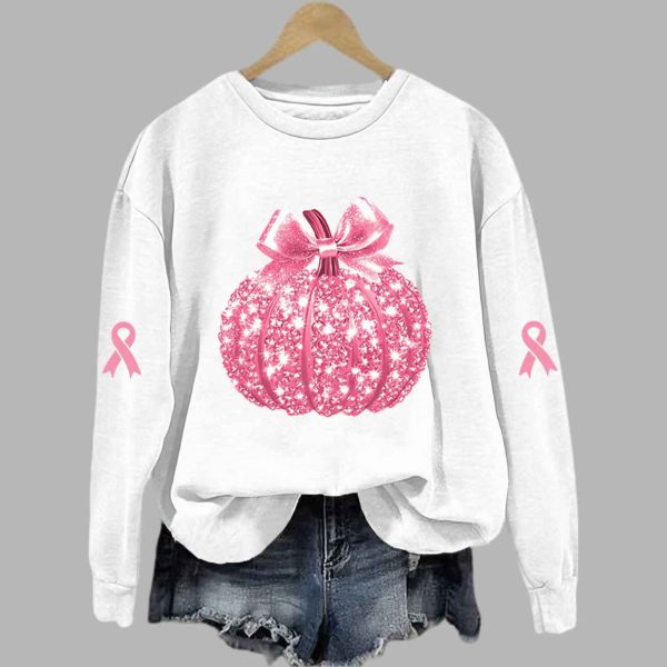 Breast Cancer Sequin Pumpkin Print Crew Neck Shirt 5