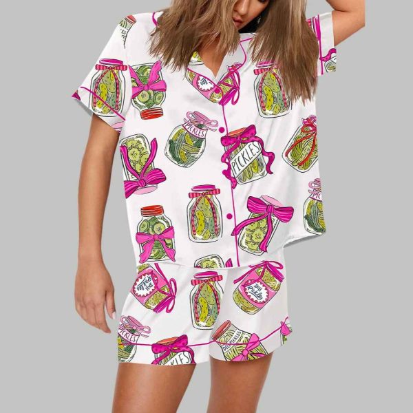 Pickle Lover Pink Bows Short Sleeve Satin Pajama Set 2