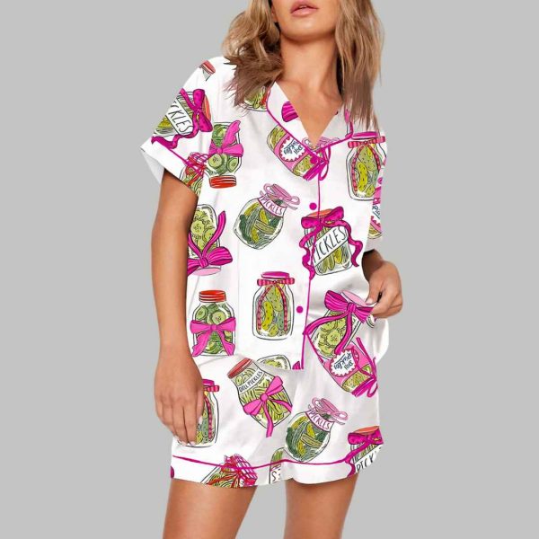 Pickle Lover Pink Bows Short Sleeve Satin Pajama Set 3