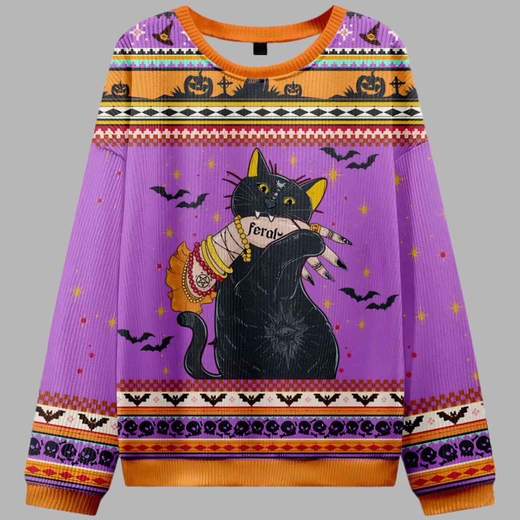 Feral Cat Ugly Halloween Sweater 3