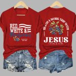Retro Red White and Blueberries He's On A Work Trip With Jesus Print T-Shirt
