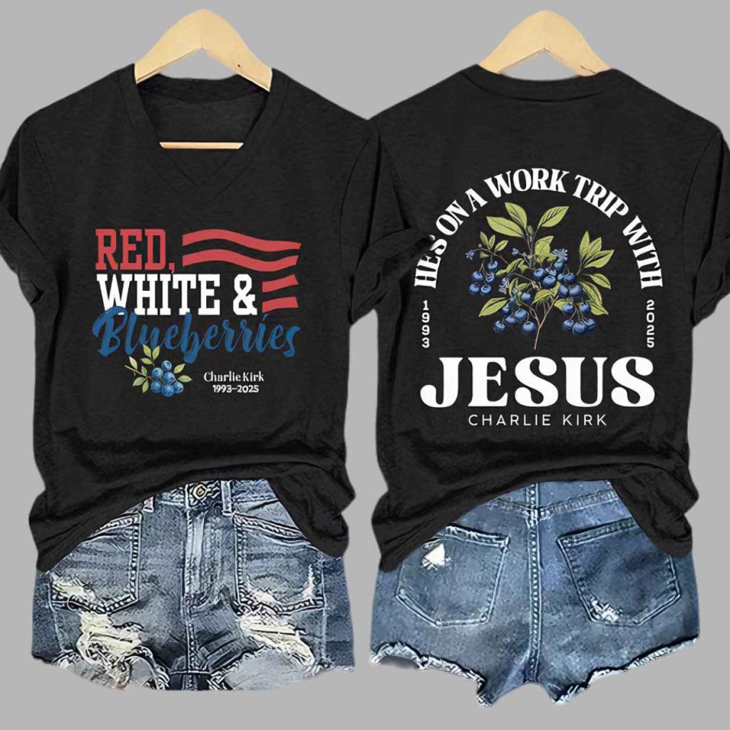 Retro Red White and Blueberries Hes On A Work Trip With Jesus Print T Shirt 3