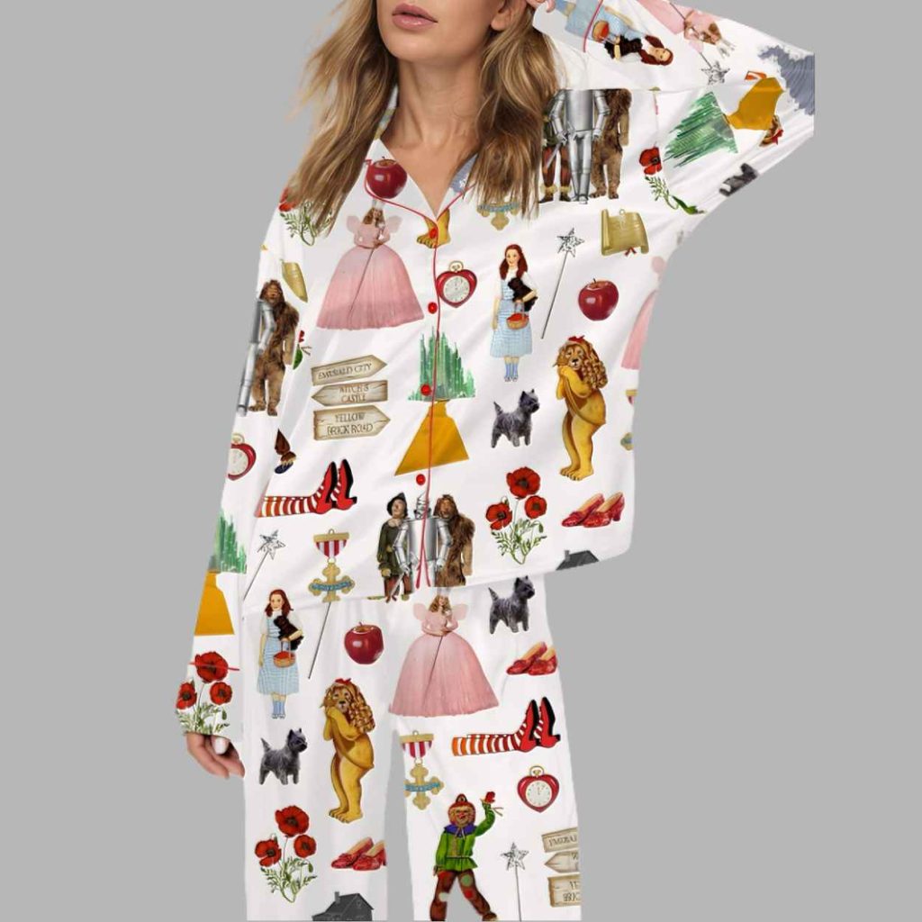 Wizard Of OZ Were Off Yellow Brick Road Silky Satin Pajama Set 4