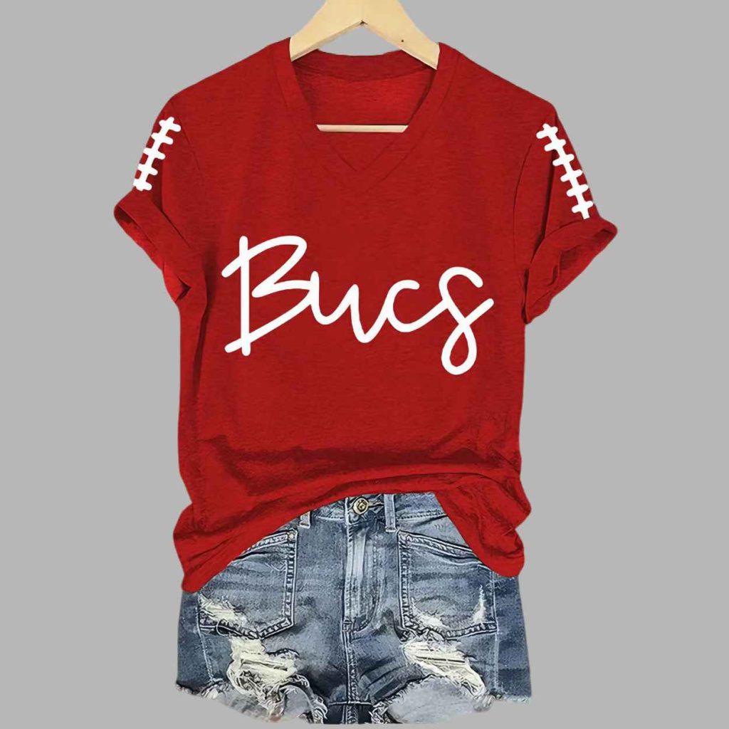 Womens Bucs Football Print V Neck T Shirt 4