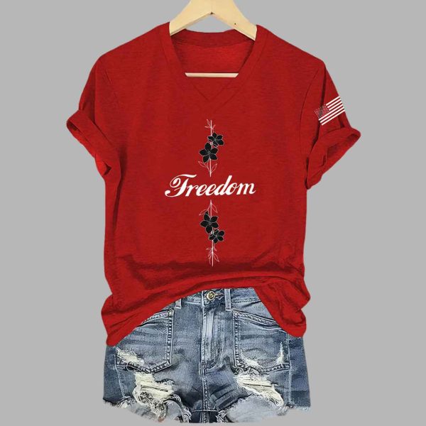 Womens Freedom Commemorative Print V Neck T shirt 2