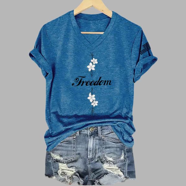 Womens Freedom Commemorative Print V Neck T shirt 3