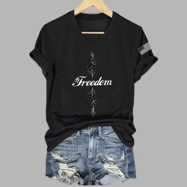 Womens Freedom Commemorative Print V Neck T shirt 4