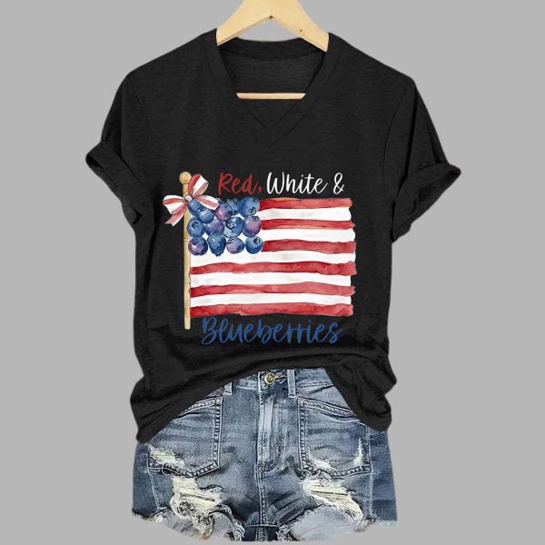 Womens Red White And Blueberries Print V Neck T shirt 3