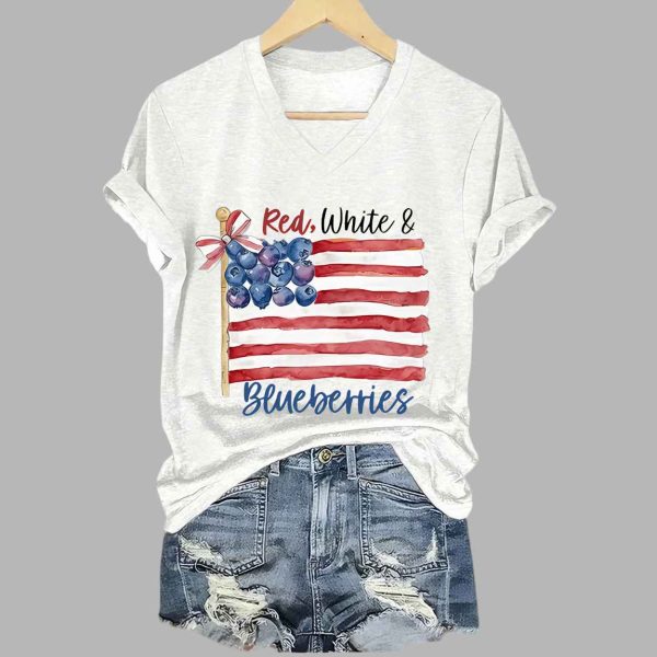 Womens Red White And Blueberries Print V Neck T shirt 4