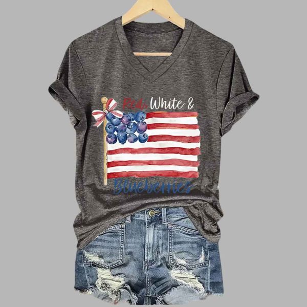 Womens Red White And Blueberries Print V Neck T shirt 5