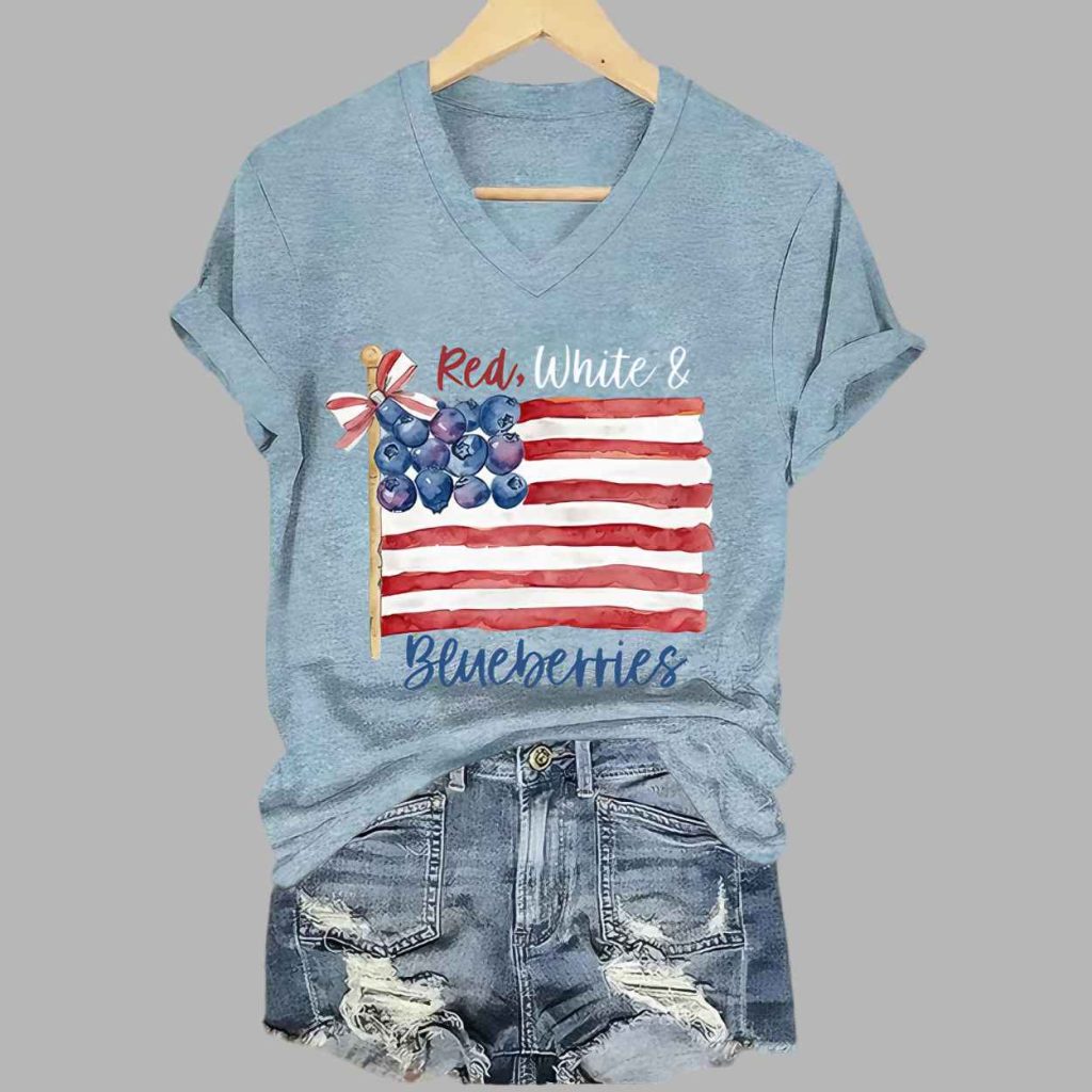 Womens Red White And Blueberries Print V Neck T shirt 6
