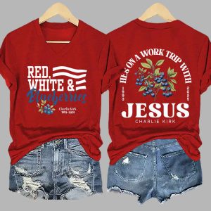 Retro Red White and Blueberries Hes On A Work Trip With Jesus Print T Shirt 2