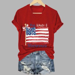 Womens Red White And Blueberries Print V Neck T shirt 1