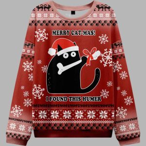 Funny Cat Found A Bone Gift Ugly Christmas Sweater 1