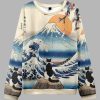 Cat Looking At The Great Wave Christmas Ugly Sweater 3