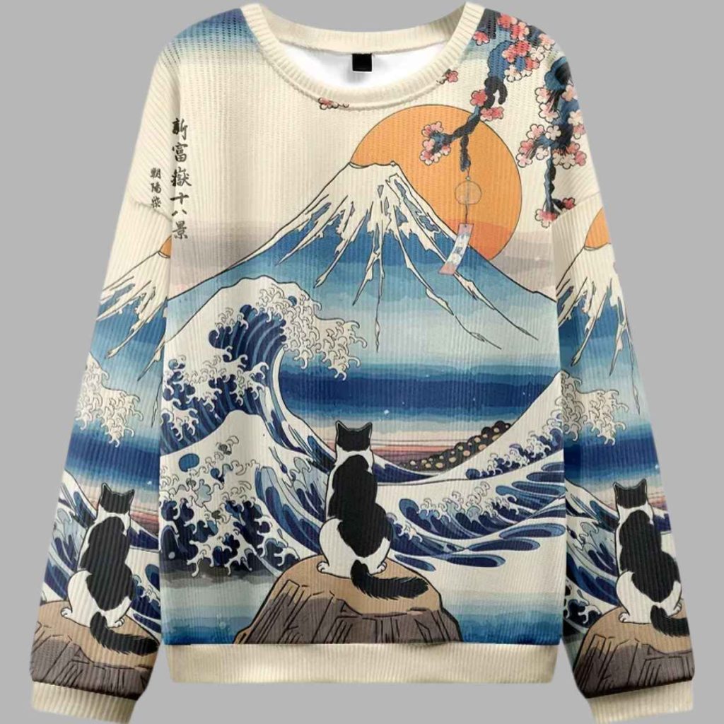 Cat Looking At The Great Wave Christmas Ugly Sweater 3
