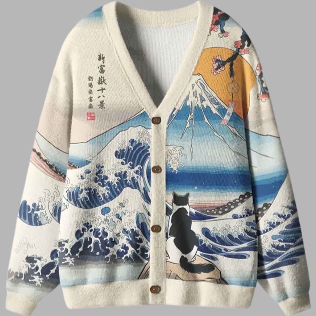 Cat Looking At The Great Wave Ugly Cardigan Sweater Cat Looking At The Great Wave Ugly Cardigan Sweater