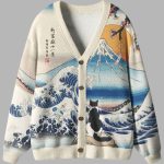 Cat Looking At The Great Wave Ugly Cardigan Sweater