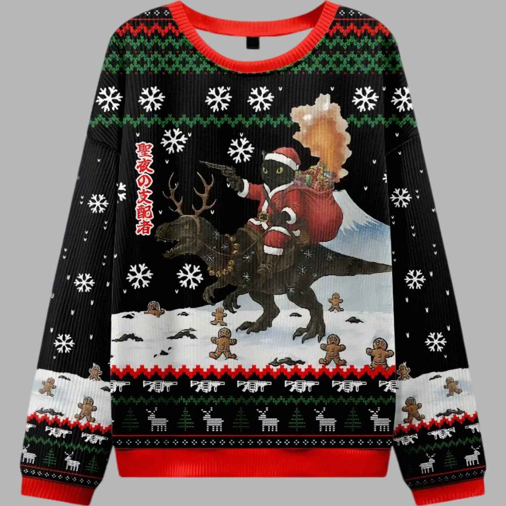 Cat Riding A Dinosaur Ugly Christmas Sweater 2