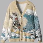 Cat Surfing Ugly Cardigan Sweater