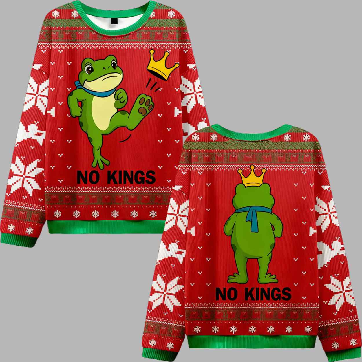 Frog No Kings Protest Ugly Christmas Sweater 1 Frog No Kings Protest Ugly Christmas Sweater 2