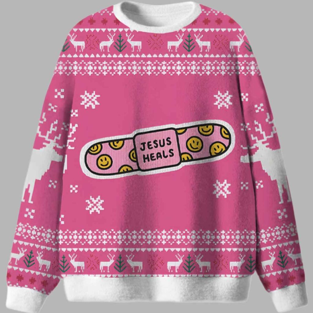 Jesus Heals Pink Christian Ugly Christmas Sweater 3