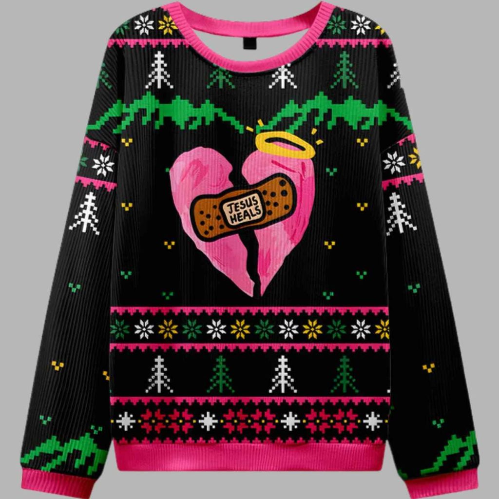 Jesus Heals Pink Heart Christian Ugly Christmas Sweater 3 Jesus Heals Pink Heart Christian Ugly Christmas Sweater 3