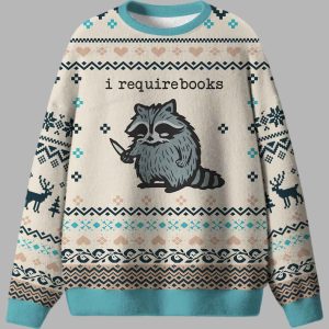 Racoon I Require Books Ugly Christmas Sweater 2