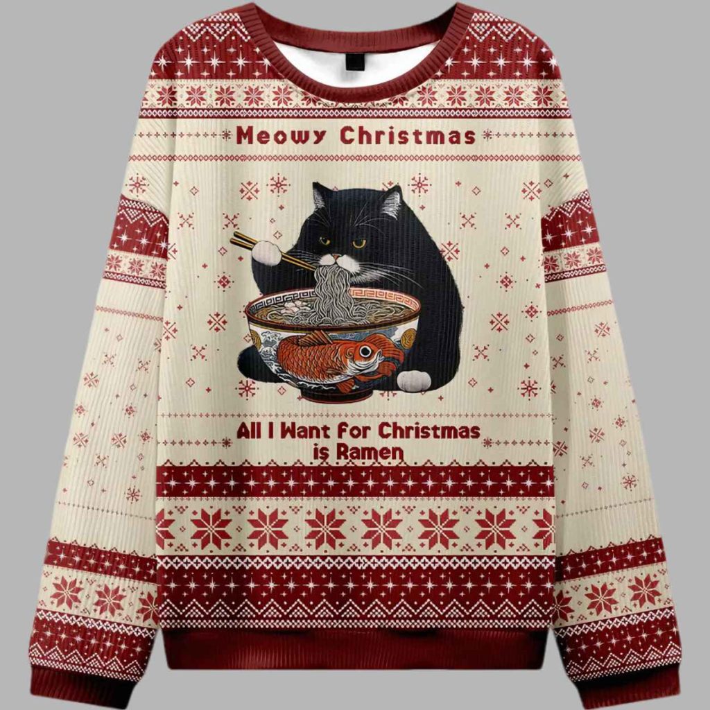 Meowy Christmas Ramen Ugly Christmas Sweater 3